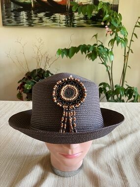 Brown Straw Fedora with Beaded Medallion